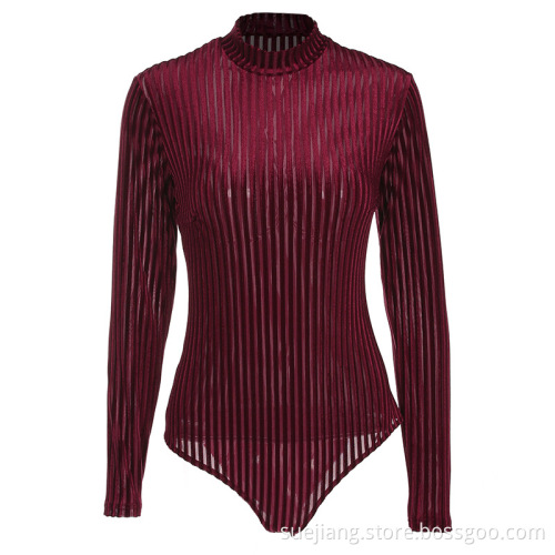 Women Bodysuit Long Sleeve Striped Knit Playsuit